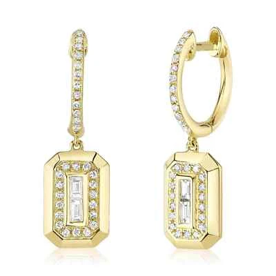Pendientes Octágonos Diamantes Oro Amarillo 14K Gotas Rectangulares Natural 0.26CT Baguette Foto 1 de 4