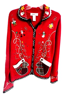 Kikit Rojo Navidad Suéter Cremallera Cárdigan S/Pequeño Lentejuelas Muñecos de Nieve Papá Noel Bolsillos Foto 1 de 4