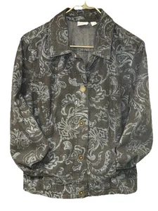 Damen schwarz Denim grau Blumen Knopfleiste Jacke Mantel Größe M M Pappagallo - Bild 1 von 7