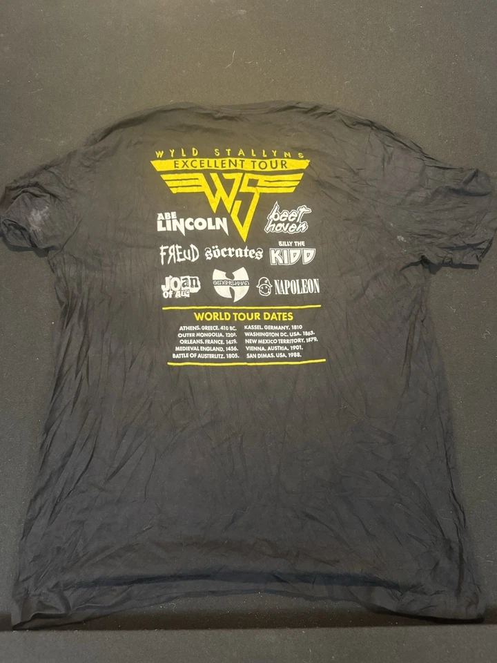 Camiseta para hombre Bill and Ted Wyld Stallyns logotipo amarillo cara la música mercancía de la película Foto 1 de 4