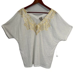 Chico's Top Damen XL 3 Alabaster Leinen Gold Foliendruck Boho Fee Landhaus Neu mit Etikett - Bild 1 von 10