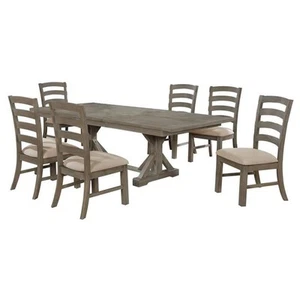 7pc Rustic Gray Brown Wood Dining Set with 6 Beige Linen Chairs - Picture 1 of 10