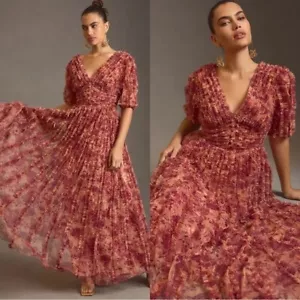 NWT Mac Duggal A8013 Mesh V-Neck Beige Multi Floral Maxi Dress Size 8 $498 - Picture 1 of 8