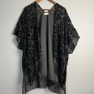 David & Young Kimono Topper Black Crushed Burnout Velvet Floral Fringe One Size - Picture 1 of 9