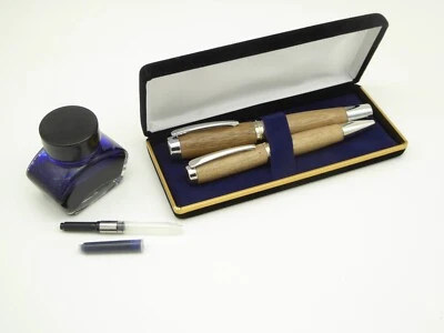 Set Schreibgerät Füller XL + Kugelschreiber  Nussbaum Holz + Etui - Bild 1 von 4