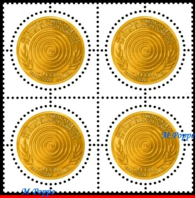 20-17 centavos BRASIL 2020. 1ª MEDALHA DE OURO NOS JOGOS OLÍMPICOS, SELO REDONDO, BLOCO SEM MARCA DE CHARNEIRA - Imagem 1 de 2