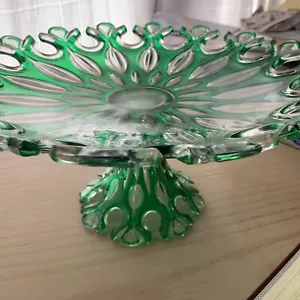 Vintage Green Flash Glass Dinner Serving Pedestal Stand w/ Open Work - Picture 1 of 5