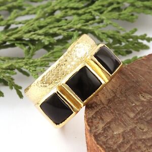 Black Onyx Yellow Gold Plated Collet Setting Statement Adjustable Ring For Women