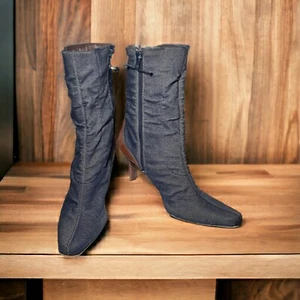 VTG Donald Pliner Denim Jean Ankle Boots Brown Leather Trim Soles Spain 9.5 Mod - Picture 1 of 16
