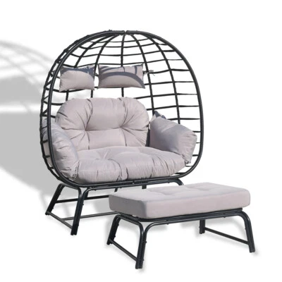 Silla Huevo de Mimbre con Otomana Exterior Interior Tumbona de Gran Tamaño Tejida Foto 1 de 4