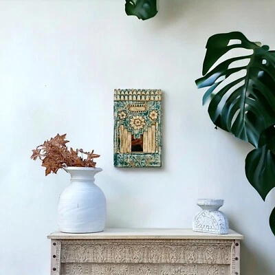 Indian Handmade Wooden Carved Wall Hanging Temple Mirror Frame  Wall Decor - Image 1 of 4