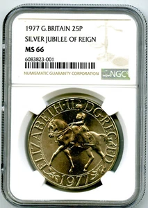 1977 GREAT BRITAIN 25P SILVER JUBILEE OF REIGN NGC MS66 UNCIRCULATED COIN - Picture 1 of 2