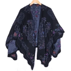 Boho bestickt Wende Ruana Schal Halstuch schwarz bunt Blumen One Size - Bild 1 von 7