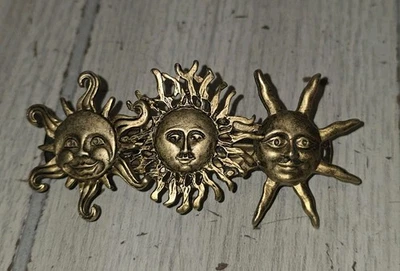 Vintage Gold Tone Brass? Triple  Celestial Sun Face Hair Clip Made In Taiwan  - Image 1 of 4