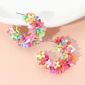 NEW Multicolor Iridescent Sequin Flower Cluster Half Hoop Semi Circle Earrings - Picture 1 of 2