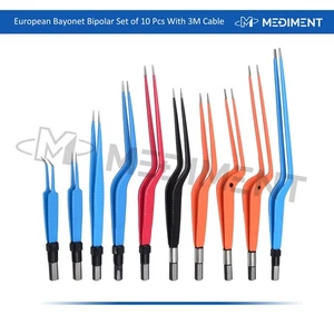 Set of 10 European Bipolar Bayonet Forceps with Cable - Reusable Kit - with Case - Picture 1 of 1