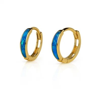 Pendientes de aro Huggie de ópalo azul oscuro de oro amarillo de 14k Foto 1 de 2
