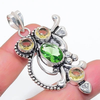 Tsavorite & Lemon Quartz Gemstone 925 Sterling Silver Pendant Size 2.5" - Image 1 of 2