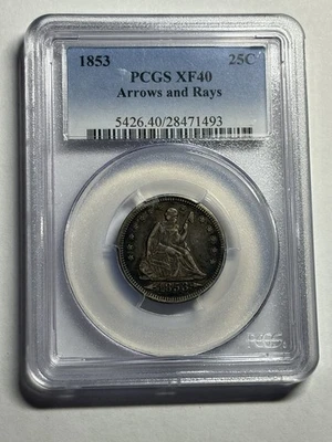1853 ARROWS AND RAYS SEATED LIBERTY QUARTER PCGS XF40 NICE STRIKE TOUGH TYPE - Image 1 of 4
