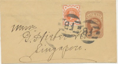 GB 189? QV 1/2 d wrapper uprated w 1/2 d Jubilee from LONDON "FB" to SINGAPORE - Image 1 of 4