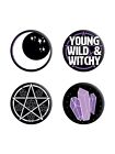YOUNG, WILD AND WITCHY 4 Badge Pack witch craft crystal pentagram moon goth gift