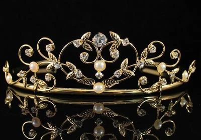 PEARL AUSTRIAN RHINESTONE CRYSTAL TIARA HAIR CROWN WEDDING PARTY T1535G GOLD - Image 1 of 4