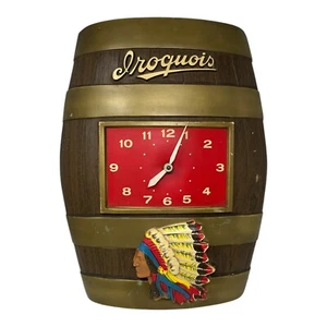 Vintage 1960 70's Iroquois Beer Advertising Sign Clock Indian Head Barrel RARE - Picture 1 of 11