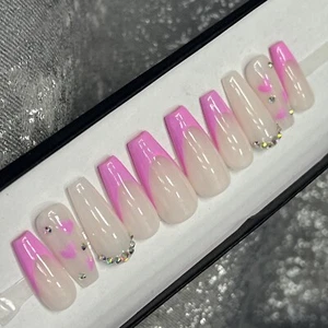 ๐ค CUSTOM Hard Gel Press On False Nails, PINK BLING 10p Set MED COFFIN NEW Kit - Picture 1 of 10