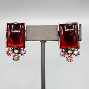 Vintage Selini Signed Red Cab & AB Rhinestone Rectangle Silver Clip Earrings - Picture 1 of 11