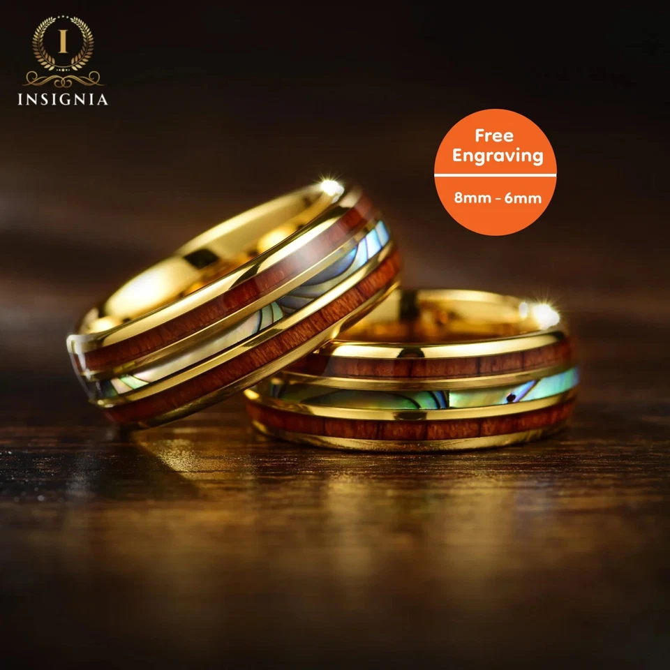 Whiskey barrel & Abalone shell Men & Women Wooden Tunsgten Wedding Rings  6/8 mm - Image 1 of 4