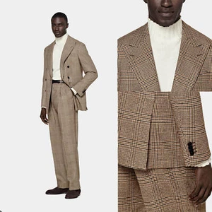 Men's Plaid Suit Peak Lapel Double Breasted Business Wedding Formal Regular Fit - Picture 1 of 9