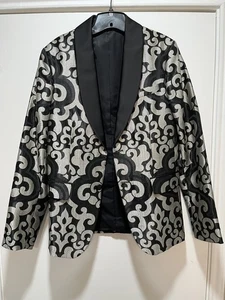 Zara Man Swirl Textured Blazer Jacket Tuxedo Men Silver Black Tux - Size 38 - Picture 1 of 6