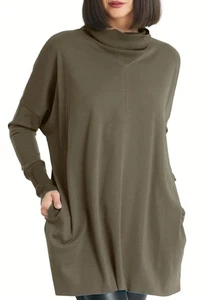 PLANET By Lauren G PIMA COTTON LUXURY TURTLE NECK TEE Top Pockets O/S Thyme $216 - Picture 1 of 5