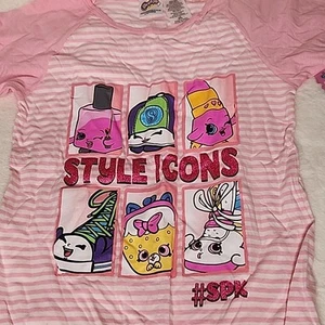 SHOPKINS GIRLS T SHIRT SIZE large 10-12 PINK STRIPES STYLE ICONS KIDS SHIRT - Picture 1 of 6