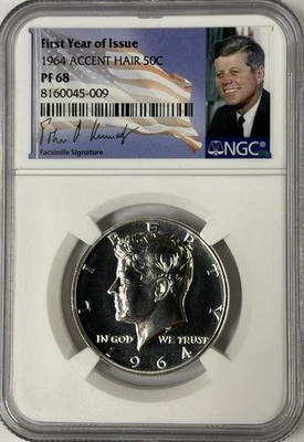 1964 NGC PF68 Proof Silver Kennedy Accent Hair Half JFK Coin 50c Signature Label - Image 1 of 3