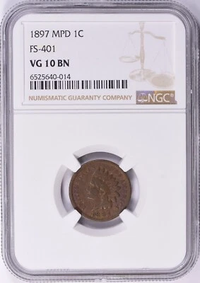 1897 NGC VG 10 BN MPD (Misplaced Date-1 Protruding from Neck) FS-401 Indian Cent - Image 1 of 3