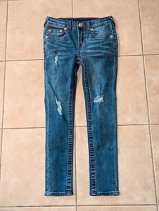 Girls True Religion Halle Mid Rise Distressed Super Skinny Jeans Red Stitch - Picture 1 of 4