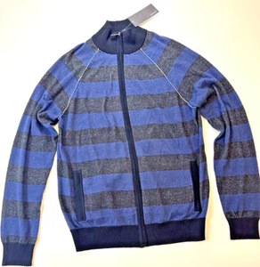 Kenneth Cole Men’s Full Zip Sweater Blue & Black Striped Size L Long Sleeve - Picture 1 of 8