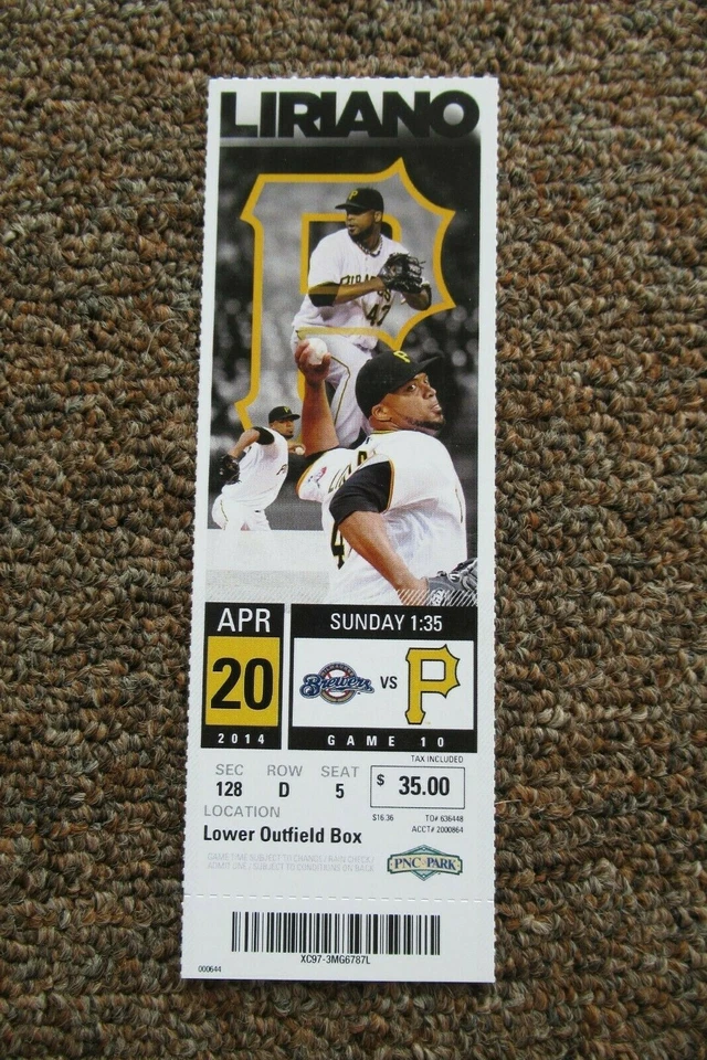 Boleto completo Piratas vs Cerveceros 20/04/2014 ~ REYNOLDS/BRAUN/DAVIS/WALKER HRs Foto 1 de 1