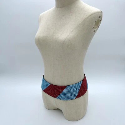 VTG Hand-Made Artisan Seed Beaded Belt Bold Design Mod-Art Graphic Elastic Waist - Image 1 of 4