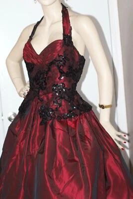  Vestido Largo Victor Costa Forma Gownl Iridiscente Carmesí Encaje Lentejuelas Años 80 De Colección  Foto 1 de 4