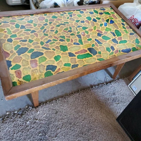 Vtg Mid Century Coffee End Table Stained Art Crackle Glass Wood Frame Retro Mod Cover