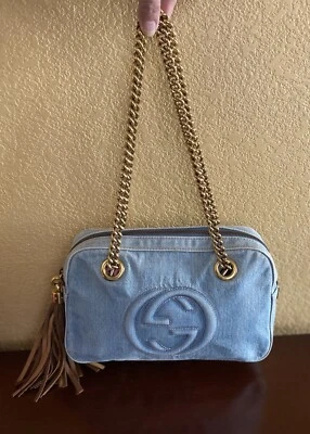 Bolso de hombro GUCCI SOHO entrelazado G de cuero de mezclilla borla cadena dorada Foto 1 de 4