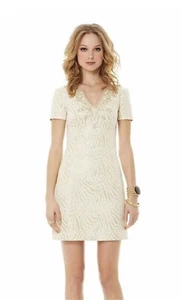 Lilly Pulitzer Milannia Gold Metallic Zebra Stripe Jacquard Shift Dress Size 0 - Picture 1 of 16