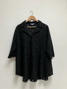 Michelle Hope Top Size UK 18 20 Black Lace Sheer Sequin Button Blouse 3/4 Sleeve - Picture 1 of 10