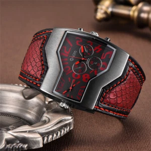 Oulm Men's Watches Two Time Zone Quartz Watch Wide PU Strap Fashion Wristwatch - Picture 1 of 10