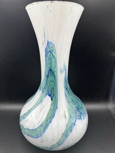 Opaline Empoli Florence Marbled Swirl Glass Vase Blue Green White Vintage - Picture 1 of 13