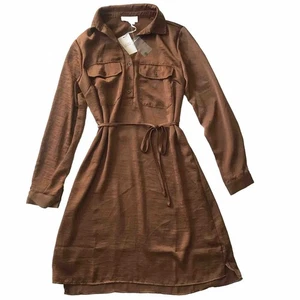 NWT Lucky Brand Long Sleeve Satin Shirtdress Pecan Pie Brown Tie Belt Dress SZ S - Picture 1 of 12