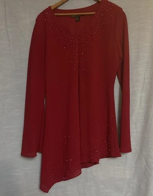 Blusa elegante Dawn Joy roja borgoña dobladillo asimétrico con cuentas para mujer talla 8” Foto 1 de 4