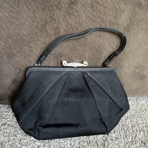 Vintage Lewis Crown Black Evening Bag w/ Rhinestone Clasp VTG - Picture 1 of 6